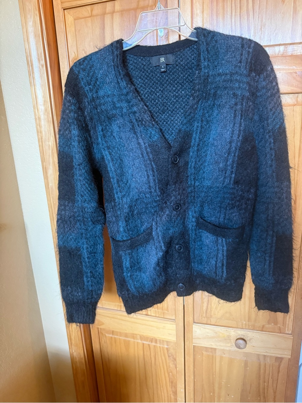 Banana Republic Black and Blue Plaid Mohair Cardigan